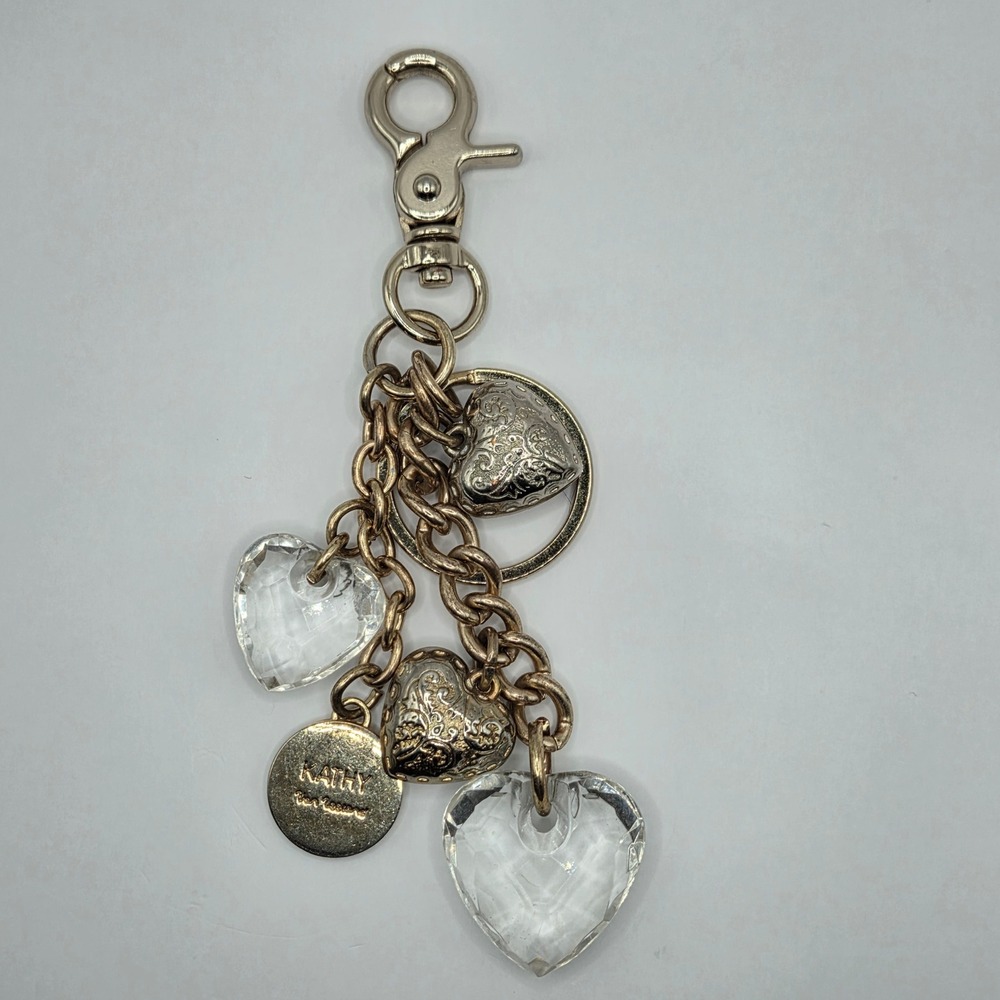 Kathy Van Zeeland Gold Tone Clear Faceted Heart Keychain Bag Charm Purse Clip